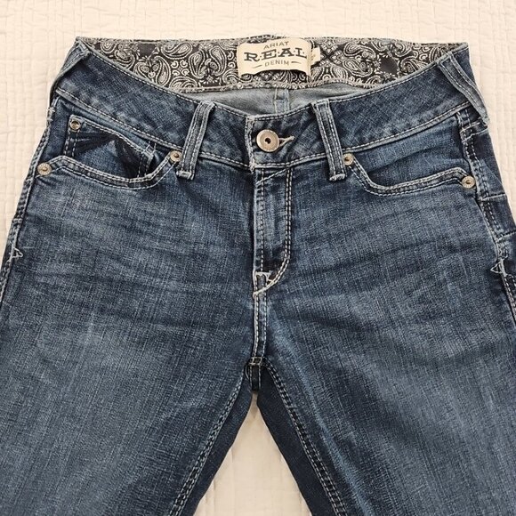 Ariat Real Denim Women's Jeans Size 28R Med Wash Flair Leg Raw Hem Heavy Stitch - Picture 9 of 16